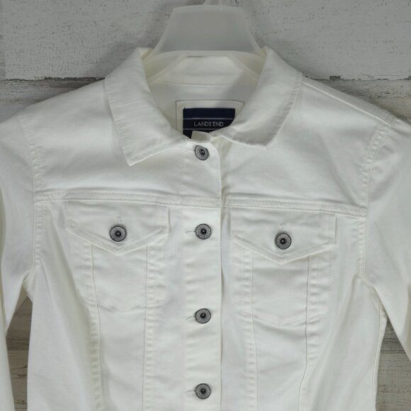 LANDS END WHITE DENIM JACKET WOMEN'S SIZE XS EMBROIDERED BLUE HUMMINGBIRD BUTTON - Picture 5 of 16